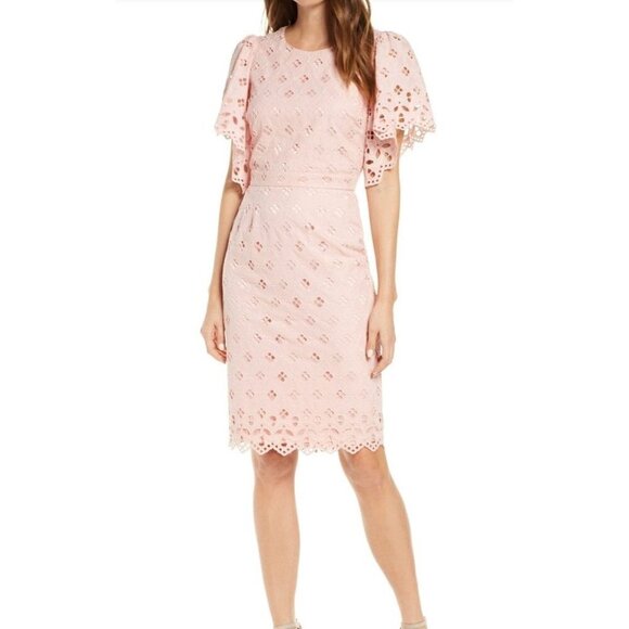 RACHEL PARCELL Eyelet Sheath Pink Midi Dress 100% Cotton Size XXS NWOT - Picture 1 of 12